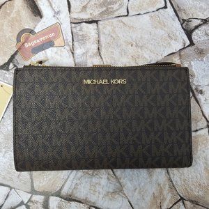 #bagsavenue new jet set travel large double zip wristlet brown michael kors